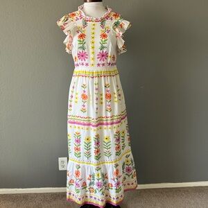 BANJANAN NWT Hannah Dress White Floral Print Long Maxi Flutter Sleeve Sz S